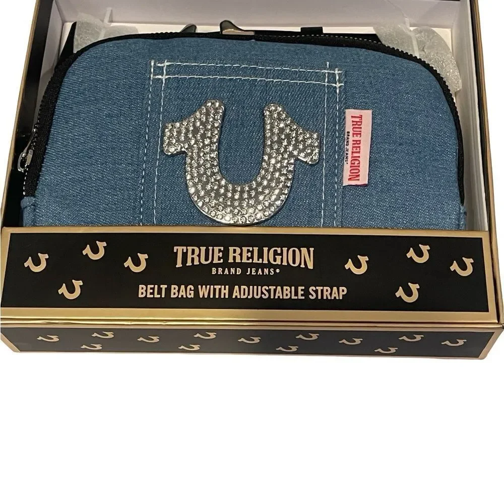 True Religion Denim Belt Bag with Rhinestone Logo